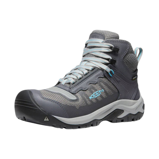 Gray mid-height hiking boot with blue laces and a black toe cap