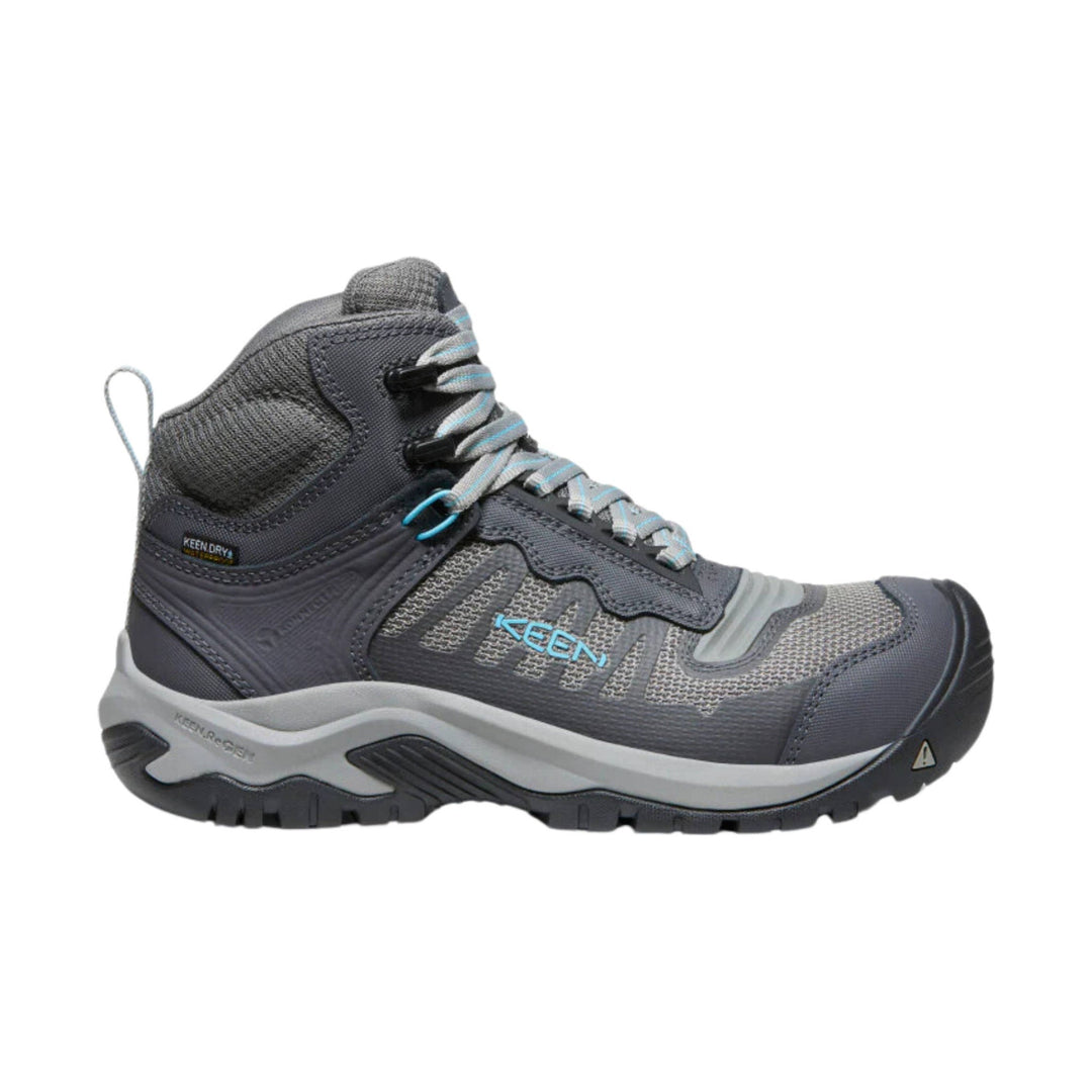 Gray mid-height hiking work boot with gray and blue laces and a black toe cap