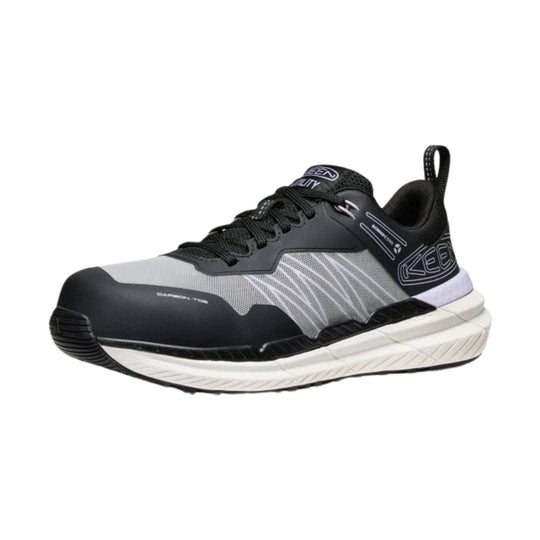 Black and gray low-top work shoe with white sole, laced upper, and visible KEEN branding