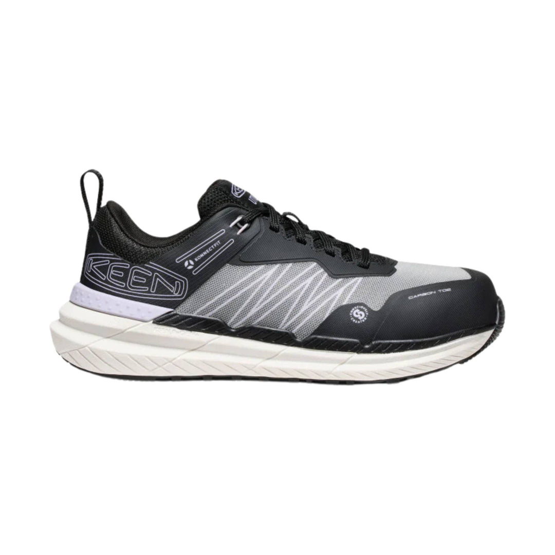 Black and gray low-top work shoe with white sole, laced upper, and heel pull tab