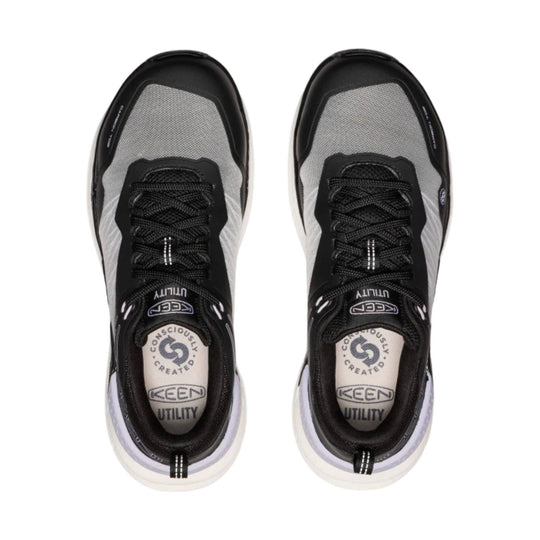 Black and gray athletic work shoes shown from above, with bungee laces and visible insole branding
