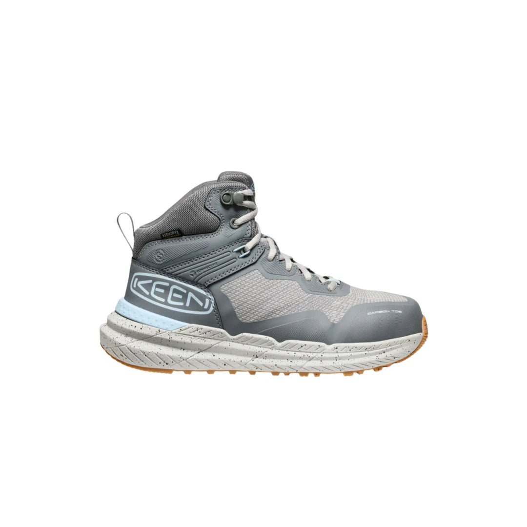 Gray mid-height work boot with white laces and a thick speckled sole, shown in side view