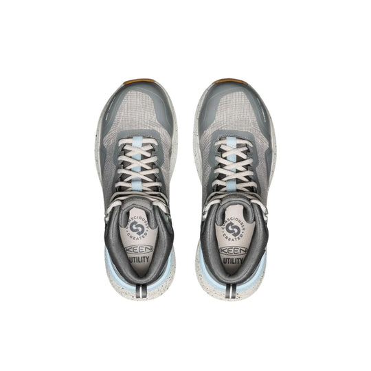 Gray mid-top work boots with light blue accents and white laces, shown from above