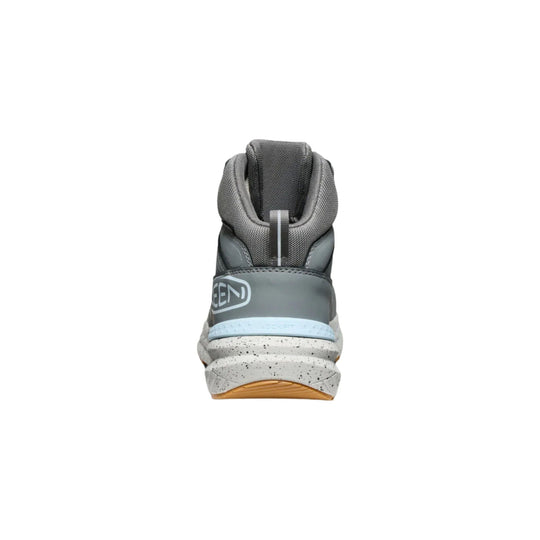 Gray mid-height work boot with a padded collar, speckled white midsole, and gum outsole, shown from the back
