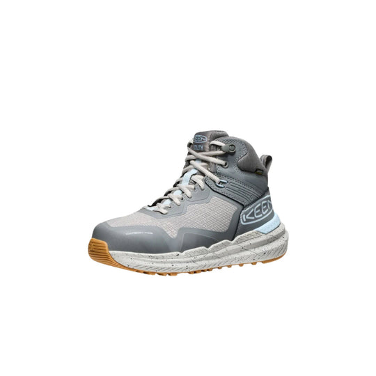 Gray mid-height work boot with mesh panels, bungee laces, and a gum outsole
