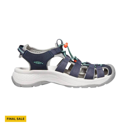 Navy and gray closed-toe hiking sandal with bungee laces and white sole