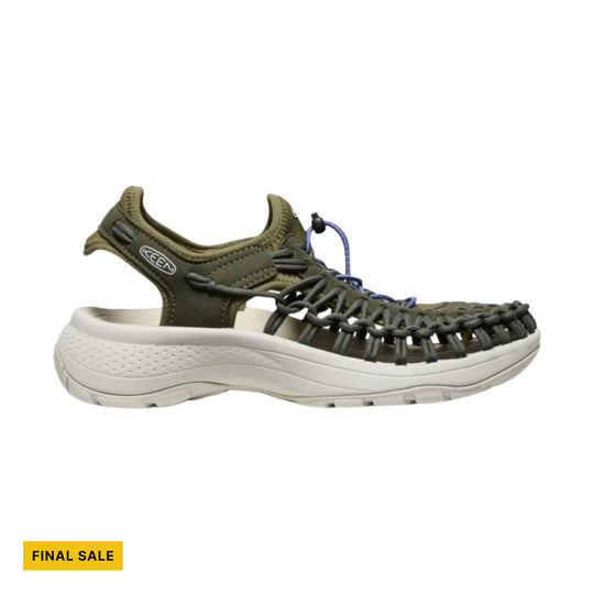Olive closed-toe hiking sandal with bungee lacing and white sole, side view