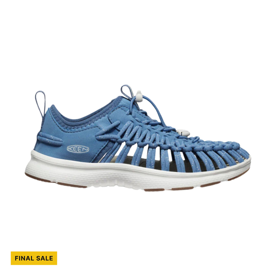 Blue closed-toe woven sneaker sandal with white sole and side logo, shown in profile, with FINAL SALE text