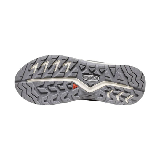 Gray hiking boot outsole with deep tread and KEEN logo