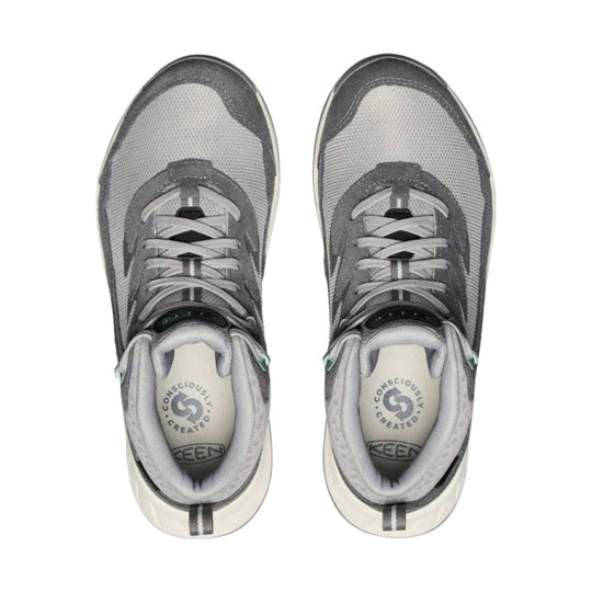 Gray low-top hiking boots with mesh uppers, laces, and visible KEEN logos