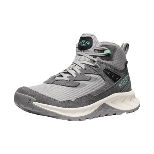 Gray mid-top hiking boot with mesh upper, bungee laces, and mint-green accents
