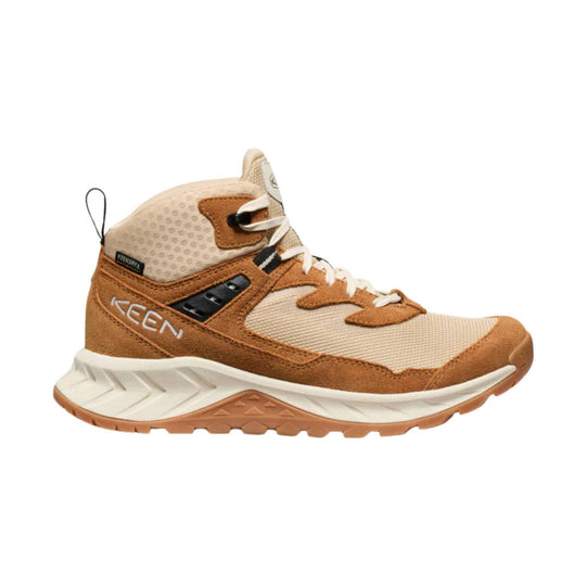 Beige and tan high-top hiking boot with white laces and a white cushioned sole