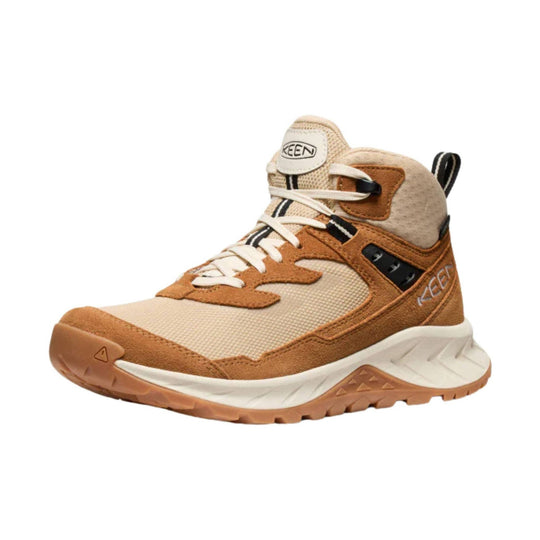 Tan and cream hiking boot with black accents and white laces, shown in side view