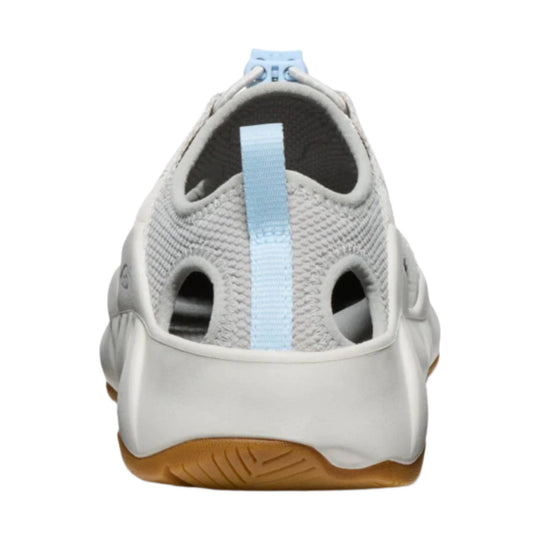Gray closed-toe sandal with light blue heel loop and gum outsole, rear view