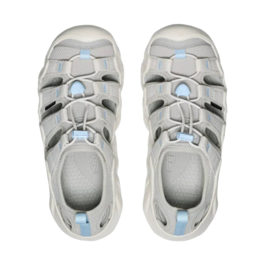 Light gray closed-toe sandals with bungee laces, blue accents, and side cutouts, shown pair top view