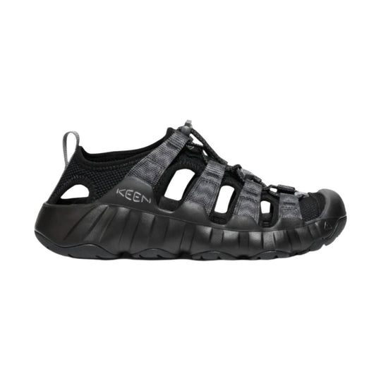 Black closed-toe hiking sandal with cutout sides, bungee laces, and a heel pull tab