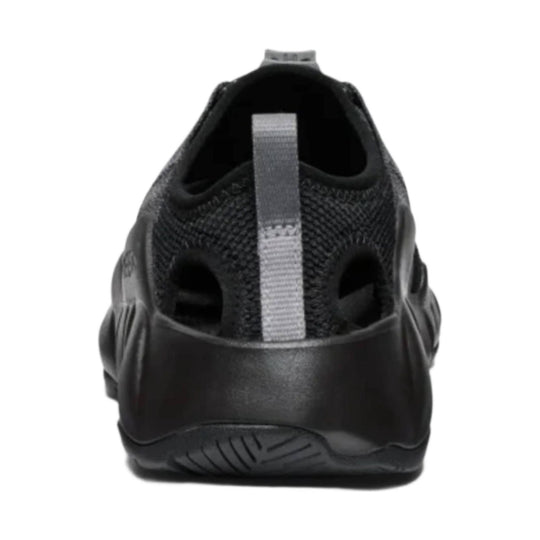 Black closed-toe sandal with side cutouts and a heel pull tab, shown from the back