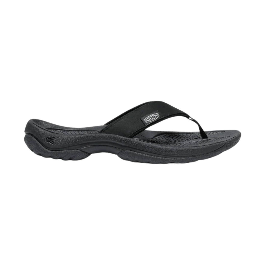 Black thong sandal with a cushioned sole and KEEN logo on the strap