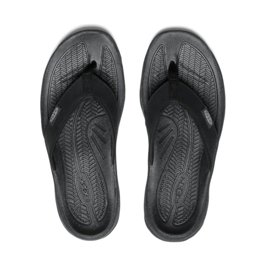 Pair of black thong flip-flops with textured rubber soles and KEEN logo on the footbeds