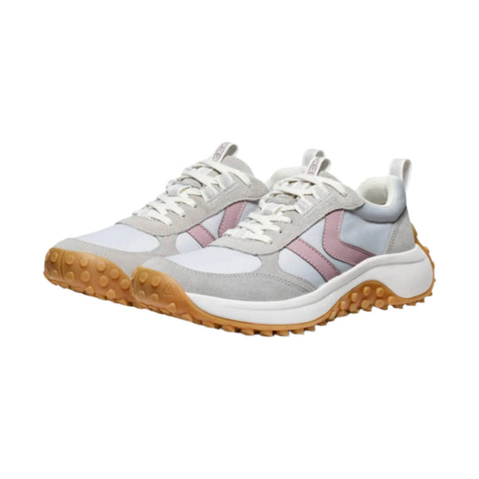 Light gray athletic sneakers with pink side accents and tan lug soles, shown in a pair on white background