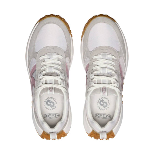 Pair of low-top sneakers in white and light gray with gum rubber soles, shown from above.