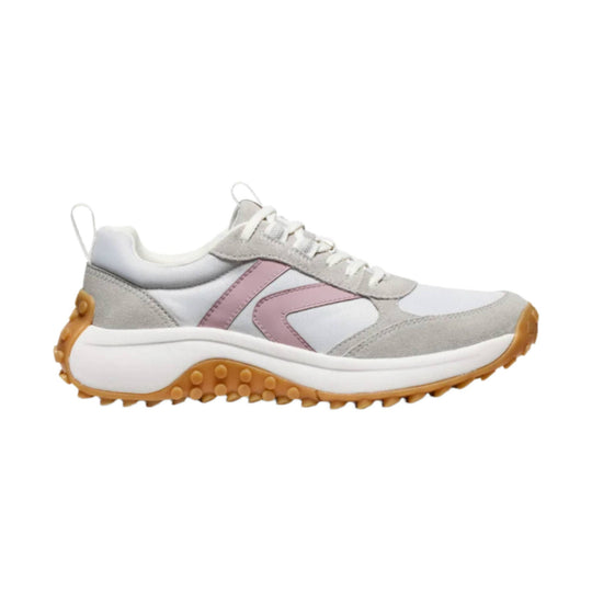 White and gray sneaker with pink side accent and gum tread outsole, side view