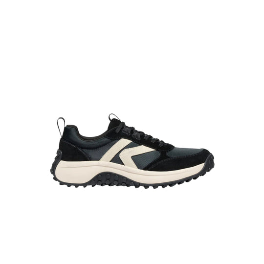 Black and gray trail sneaker with cream side panels, thick sole, and lugged outsole