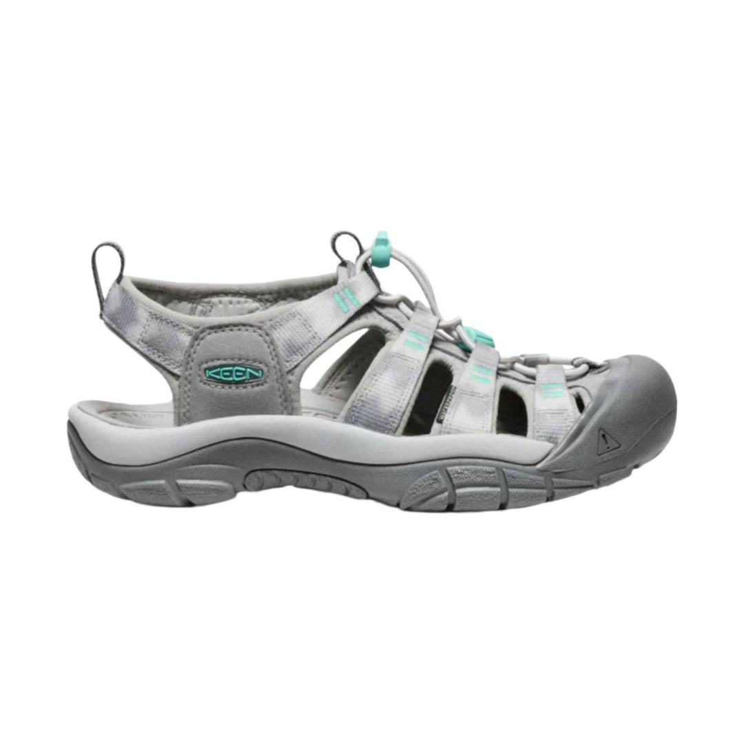 Gray closed-toe hiking sandal with aqua accents, bungee laces, and side cutouts