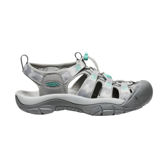 Gray closed-toe hiking sandal with aqua accents, bungee laces, and side cutouts