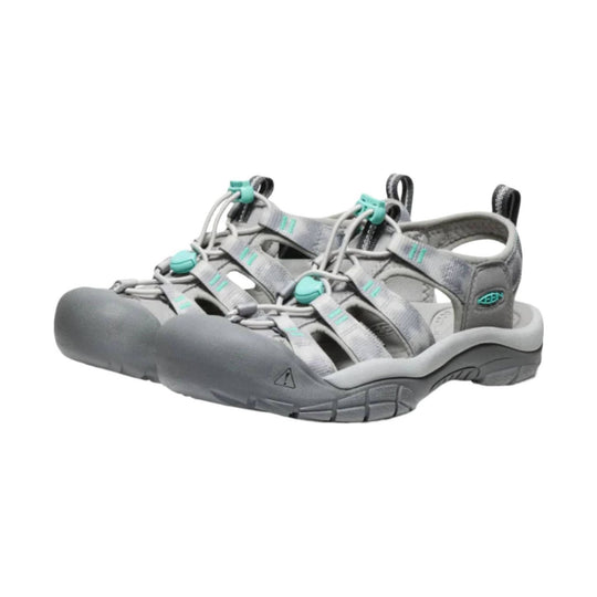 Gray closed-toe hiking sandals with teal lace toggles and side cutouts