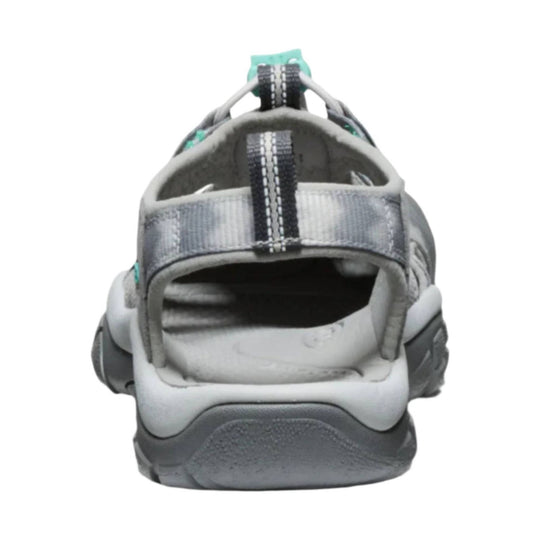 Gray closed-toe hiking sandal with black-and-white center webbing, heel strap, and thick treaded sole