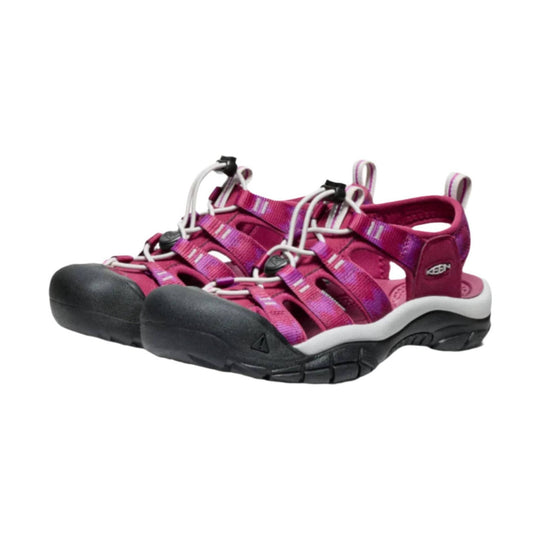Pink closed-toe hiking sandal with bungee laces, black toe caps, and white midsoles