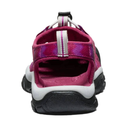 Pink and black closed-toe sandal viewed from the back