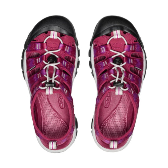 Pink and purple closed-toe hiking sandals with black toe caps, bungee laces, and white soles, shown top view.
