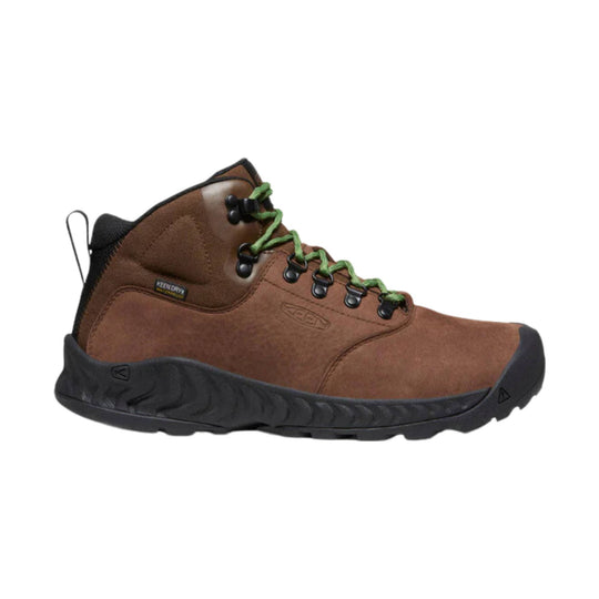 Brown leather mid hiking boot with black sole, green laces, and a side logo patch