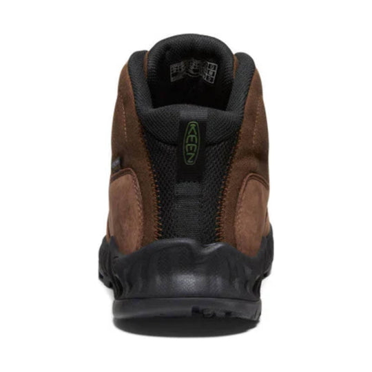 Brown and black mid-height hiking boot with padded collar and KEEN branding on the tongue