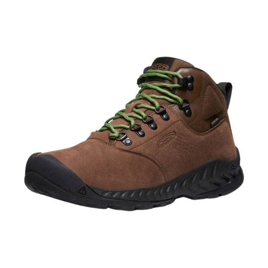 Brown waterproof hiking boot with black toe cap, green laces, and ankle support