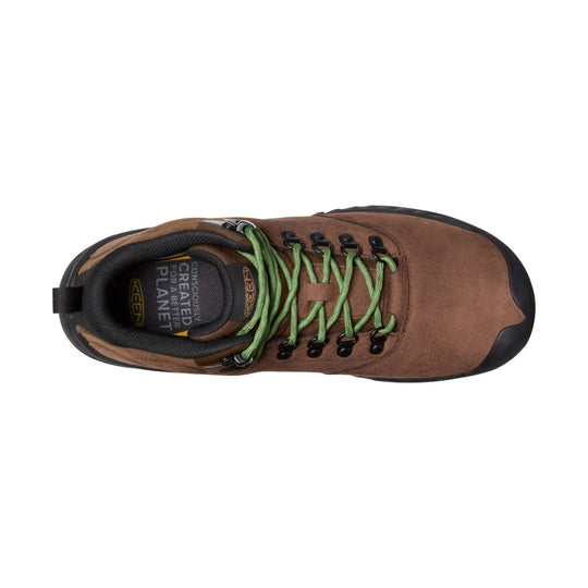 Brown mid-height hiking boot with green laces, black outsole, and visible heel pull tab