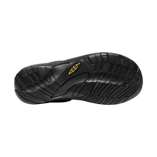 Close-up of a shoe sole with black tread pattern on a white background