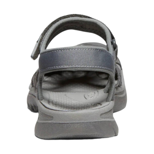 Gray closed-toe sandal seen from the back with a heel strap and thick cushioned sole