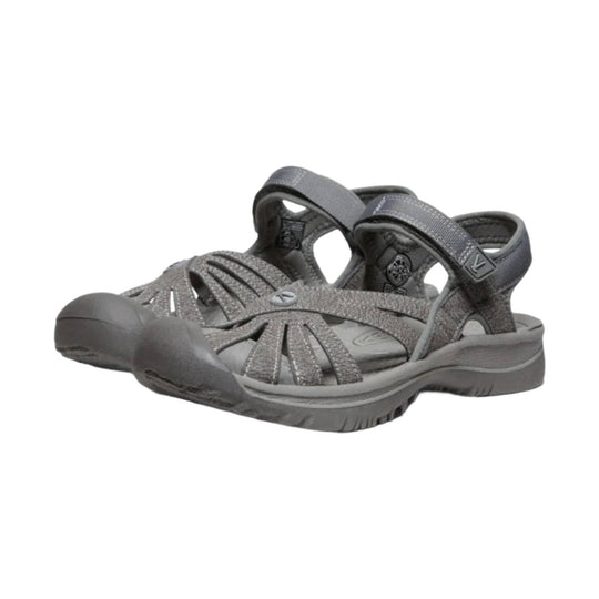 Gray closed-toe hiking sandal with adjustable straps, cutout sides, and a rubber toe bumper
