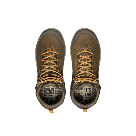 Pair of olive and brown waterproof hiking boots with orange-and-tan laces, shown from above