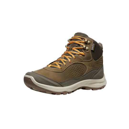Brown and gray hiking boot with orange laces and waterproof label