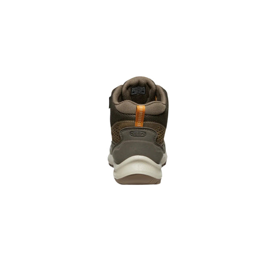 Brown and taupe hiking boot shown from the back with an orange pull tab and thick white sole.