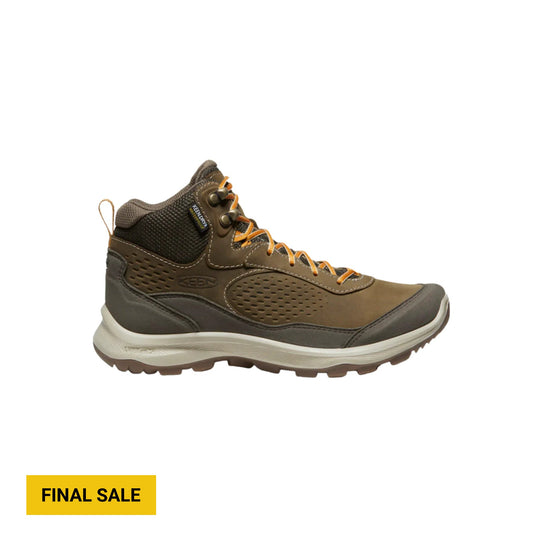 Brown and olive mid-height hiking boot with orange laces and a white midsole, side view