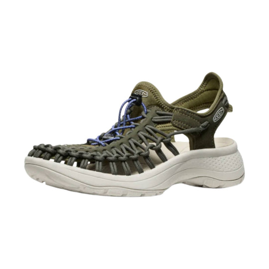 Olive hiking sandal with woven upper, bungee laces, and white sole