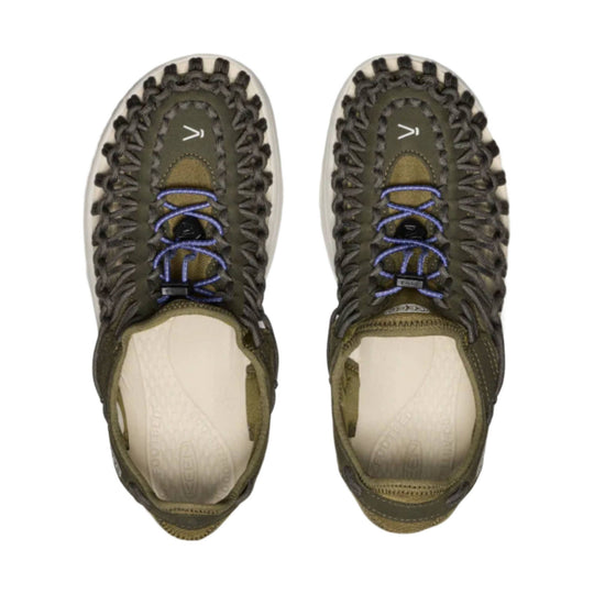 Pair of olive and brown closed-toe hiking sandals with bungee laces and black toe bumpers, top view