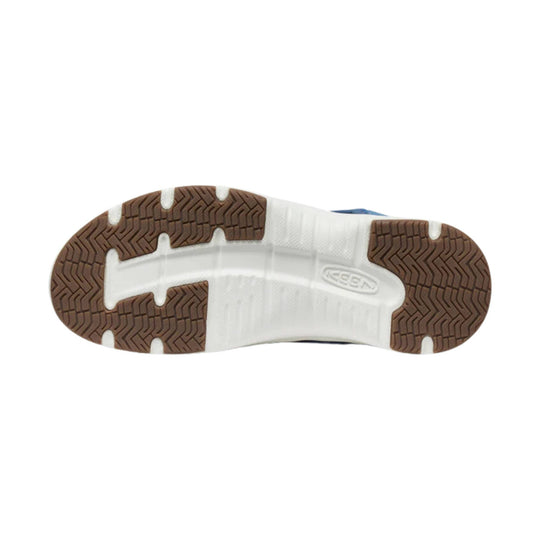White sandal sole with brown rubber tread and KEEN logo