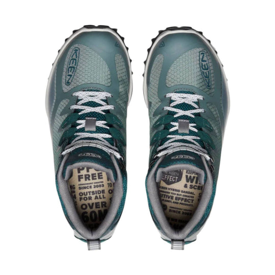 Pair of teal and gray hiking boots viewed from above with white laces and visible KEEN logos