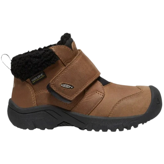 A brown kids' ankle boot with a black fleece lining, featuring a hook-and-loop strap closure and a black sole, shown from a side profile on a white background.
